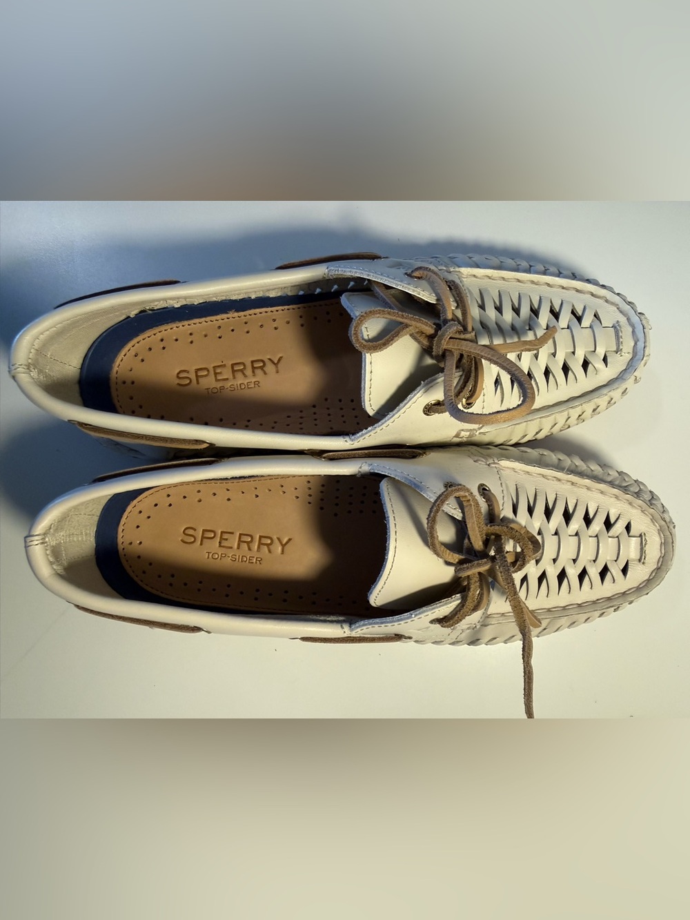 Sperry Women’s Cream Leather Woven Boat Loafers